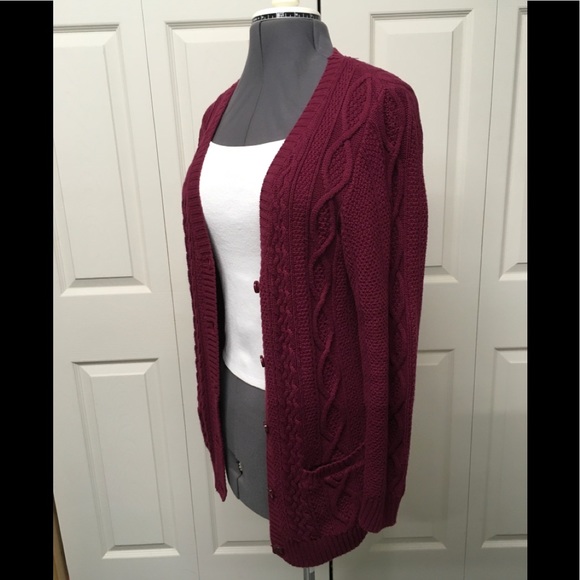 Burgundy cardigan sweater. - Picture 2 of 6